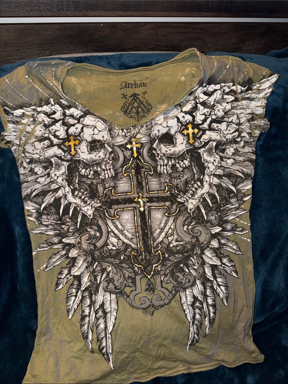 Archaic Olive Green Tee with White Skull & Gold Cross Accents